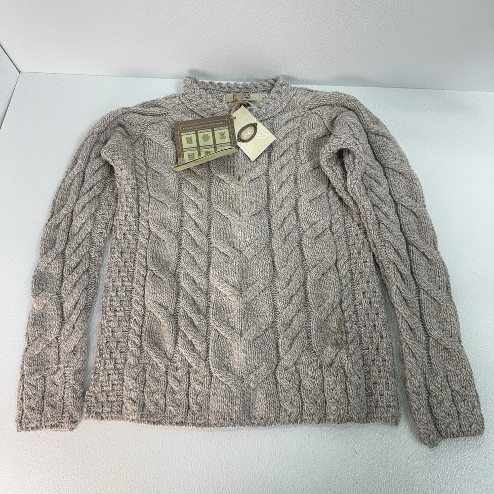Aran Sweater Market - Irish Cabled Raglan Soft Merino Wool Sweater XS Toast Oat